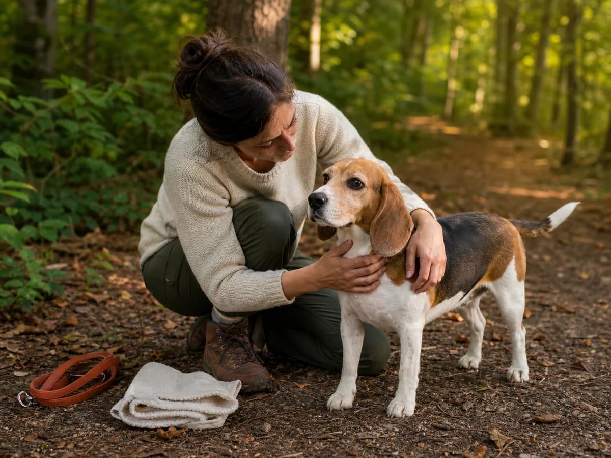 Une personne vérifie le pelage de son chien après une promenade en forêt. Photographie choisie pour l’article « Mon chien boit beaucoup : ce qu’il faut mesurer »