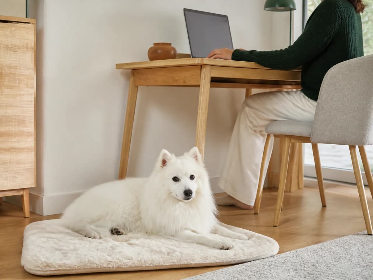 Un Spitz japonais se repose sur son tapis pendant que sa propriétaire travaille. Photographie choisie pour l’article « Mon chien a peur des gens »
