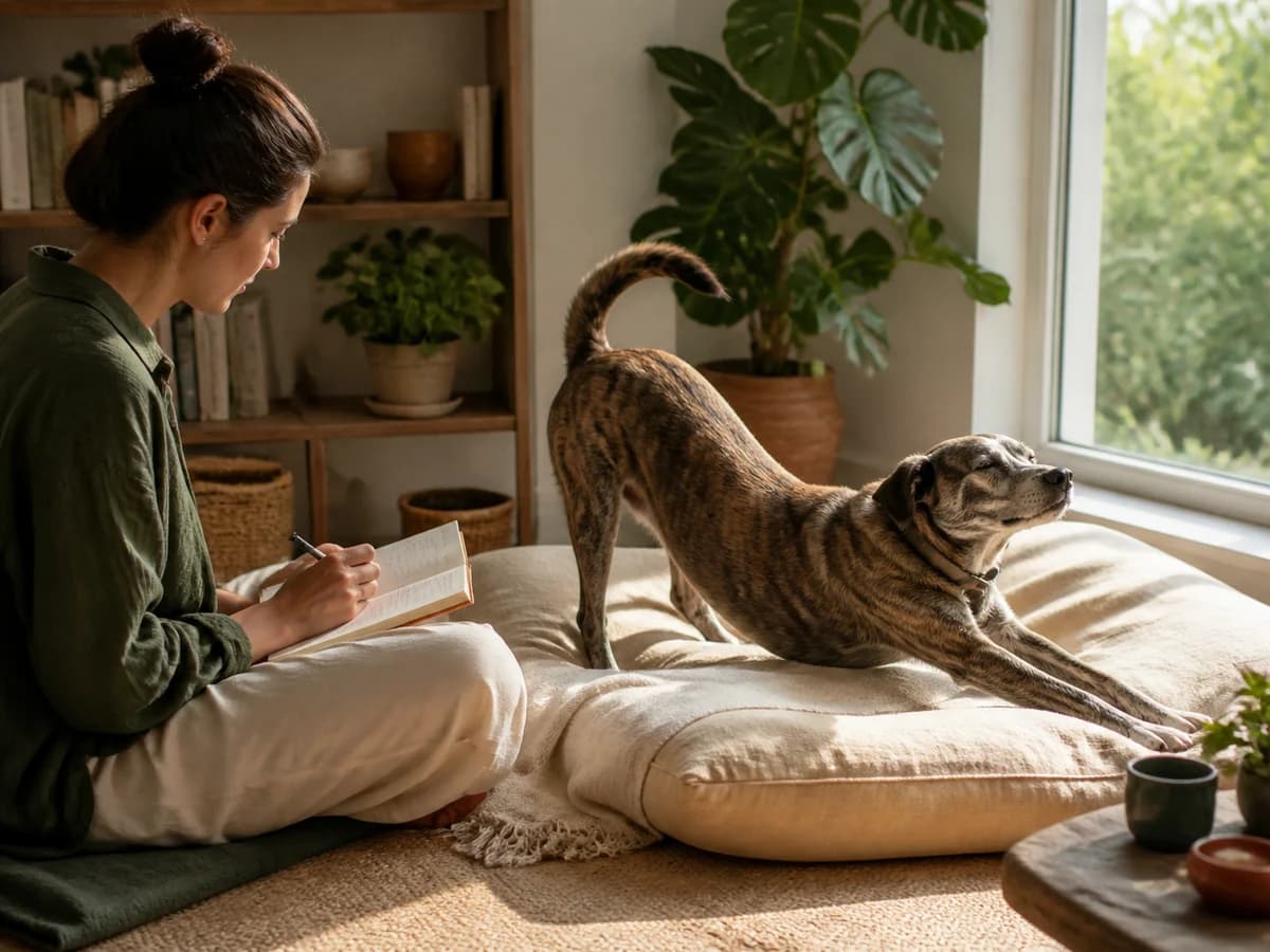 Une personne note l’alternance entre sommeil, calme et activité de son chien. Photographie choisie pour l’article « Les nuits d’un chiot : ce qui aide »