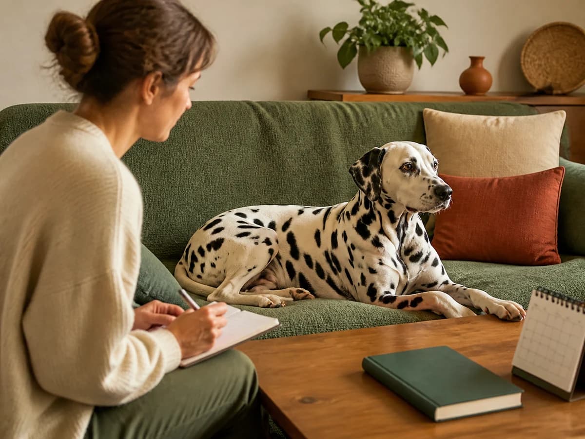Une personne note les changements observés chez une chienne adulte à la maison. Illustration pour l’article « La mise bas »