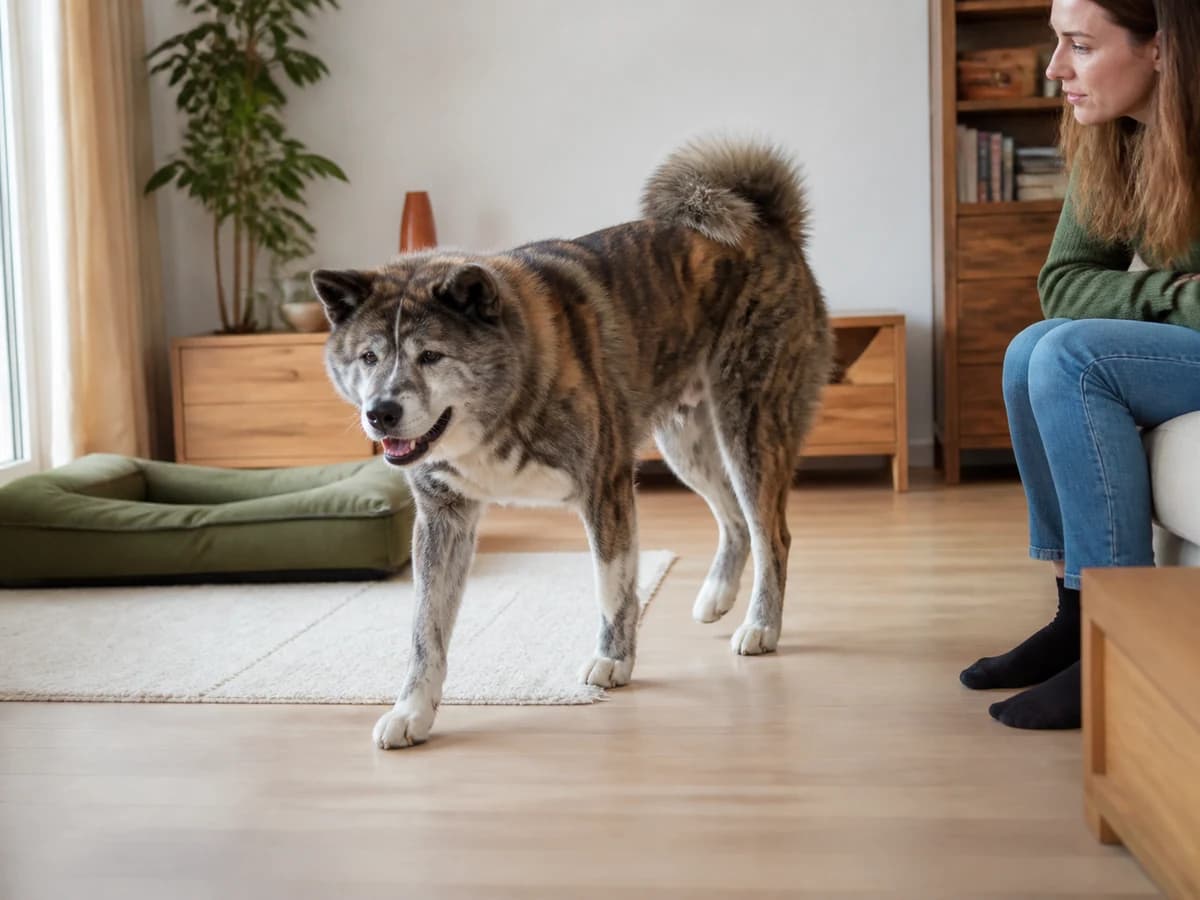 Une personne observe la démarche calme d’un Akita Inu à la maison. Photographie choisie pour l’article « L’analyse d’urine chez le chien »