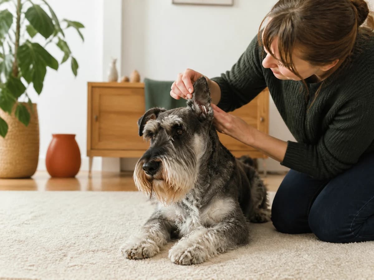 Une personne observe doucement l’oreille d’un Schnauzer détendu à la maison. Photographie choisie pour l’article « Mon chien dort beaucoup : est-ce normal »