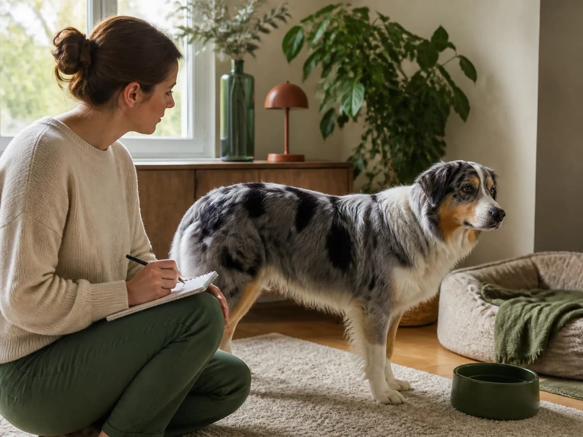 Une personne observe la posture, l’appétit et l’énergie de son chien à la maison. Photographie choisie pour l’article « Comprendre une prise de sang chez le chien »