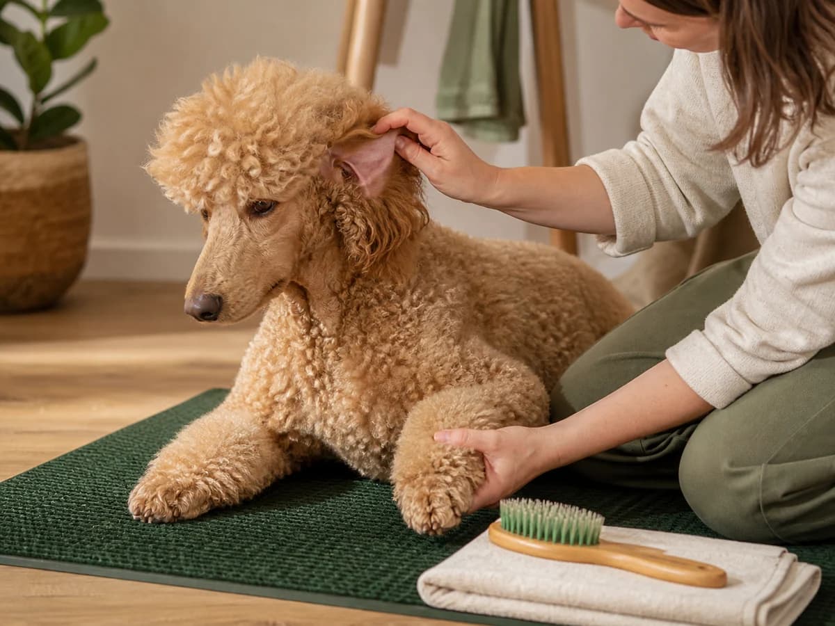 Une personne inspecte doucement les pattes et les oreilles de son chien. Photographie choisie pour l’article « Brosser les dents de son chien : par où commencer »