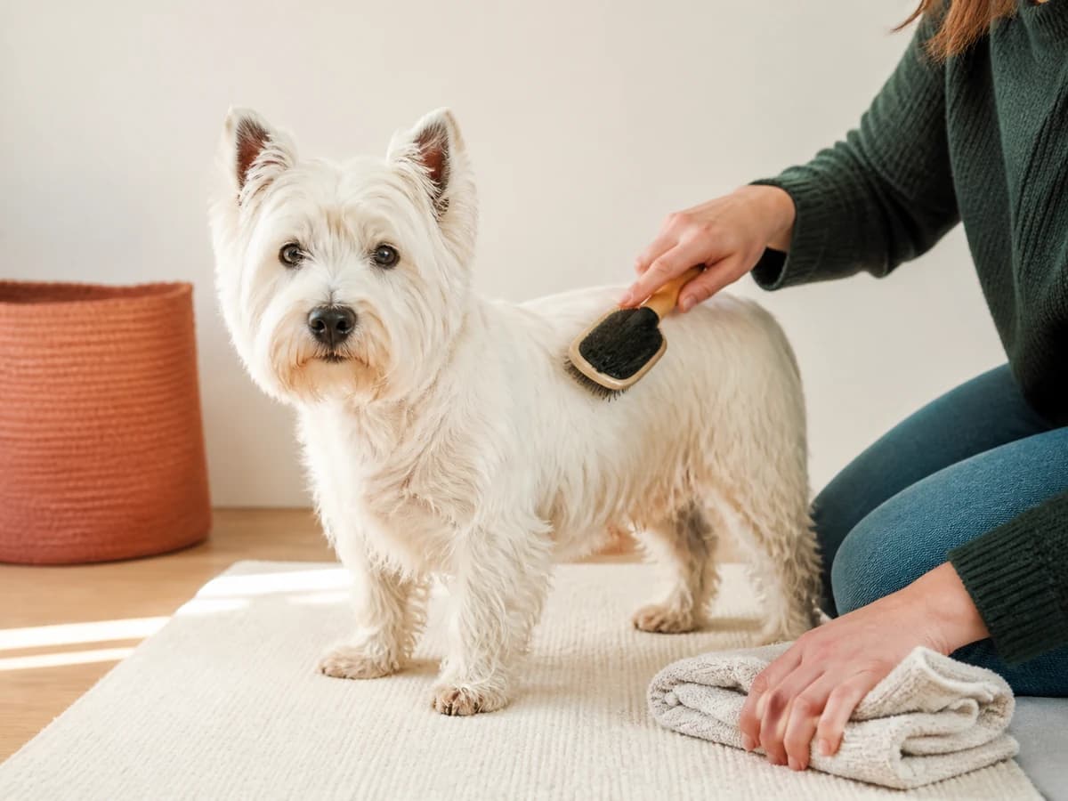 Une personne brosse doucement un Westie détendu sur un tapis. Photographie choisie pour l’article « Couper les griffes de son chien »