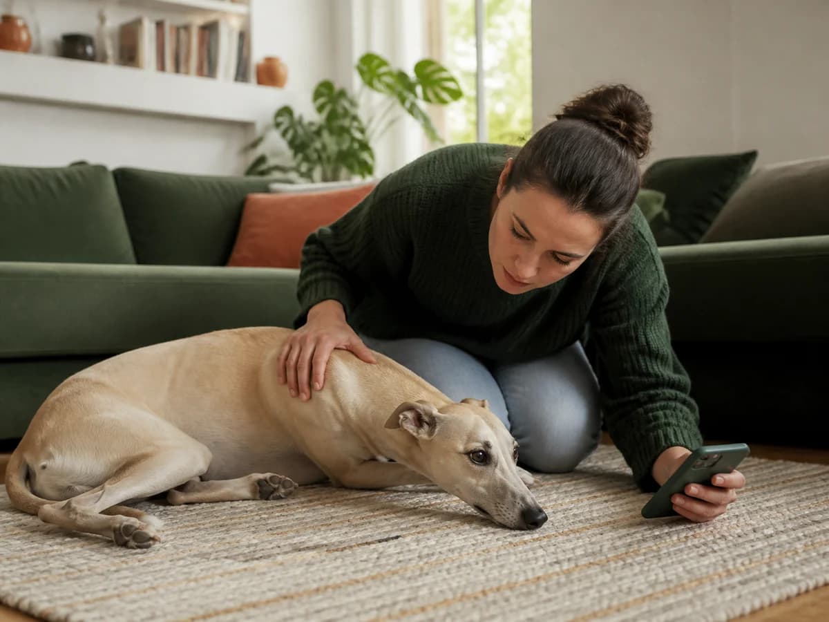 Une personne remarque que son chien couché présente soudainement un état inhabituel. Photographie choisie pour l’article « Mon chien se gratte : ce qu’il faut regarder »