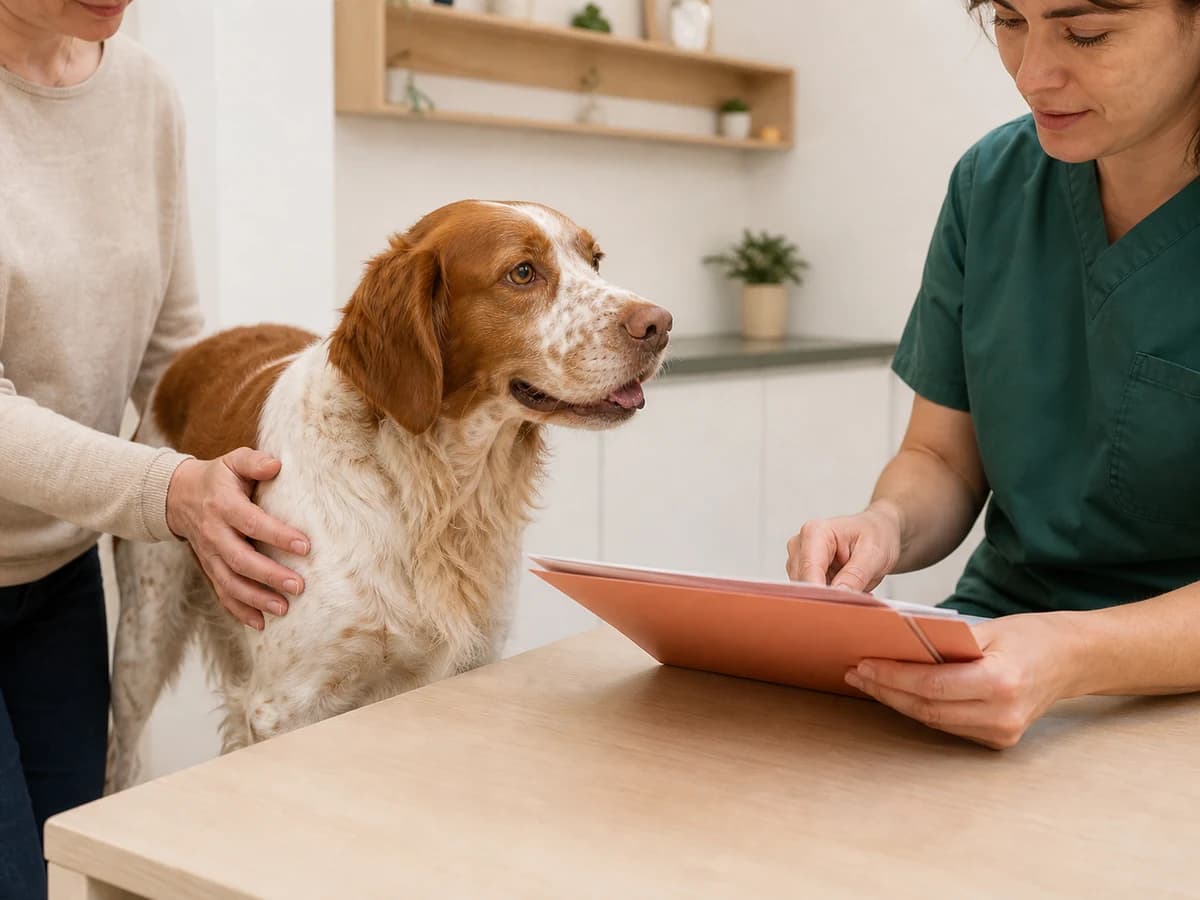 Une vétérinaire consulte un dossier avec la propriétaire d’un Épagneul breton calme. Photographie choisie pour l’article « Tenir un carnet de santé pour son chien : par quoi commencer »