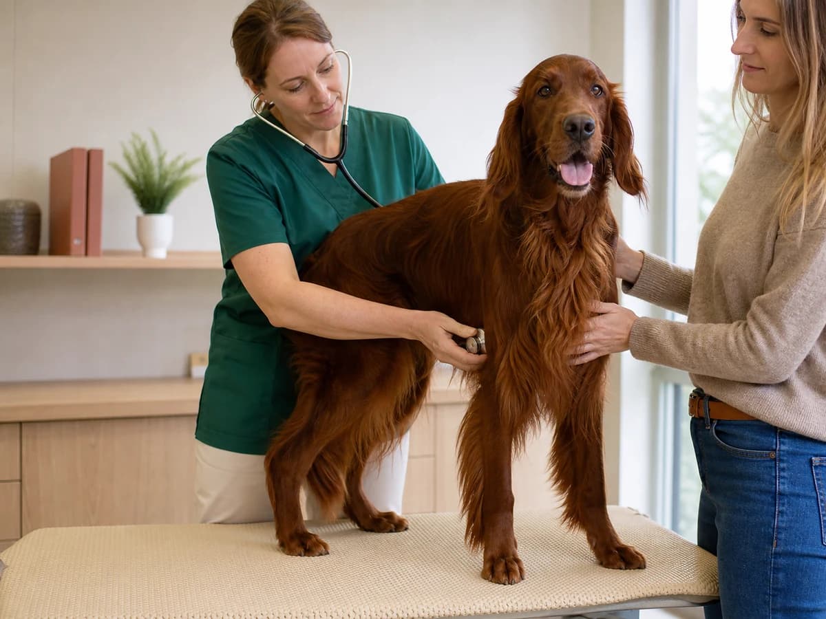 Une vétérinaire ausculte un Setter irlandais calme près de sa propriétaire. Photographie choisie pour l’article « Comprendre un compte rendu de consultation »