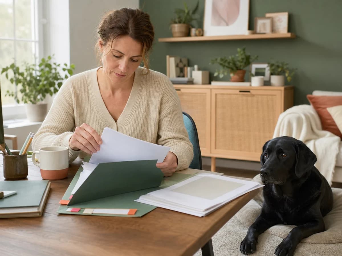 Une personne prépare les observations et documents de son chien avant une consultation. Photographie choisie pour l’article « Ce qu’il faut dire au vétérinaire »
