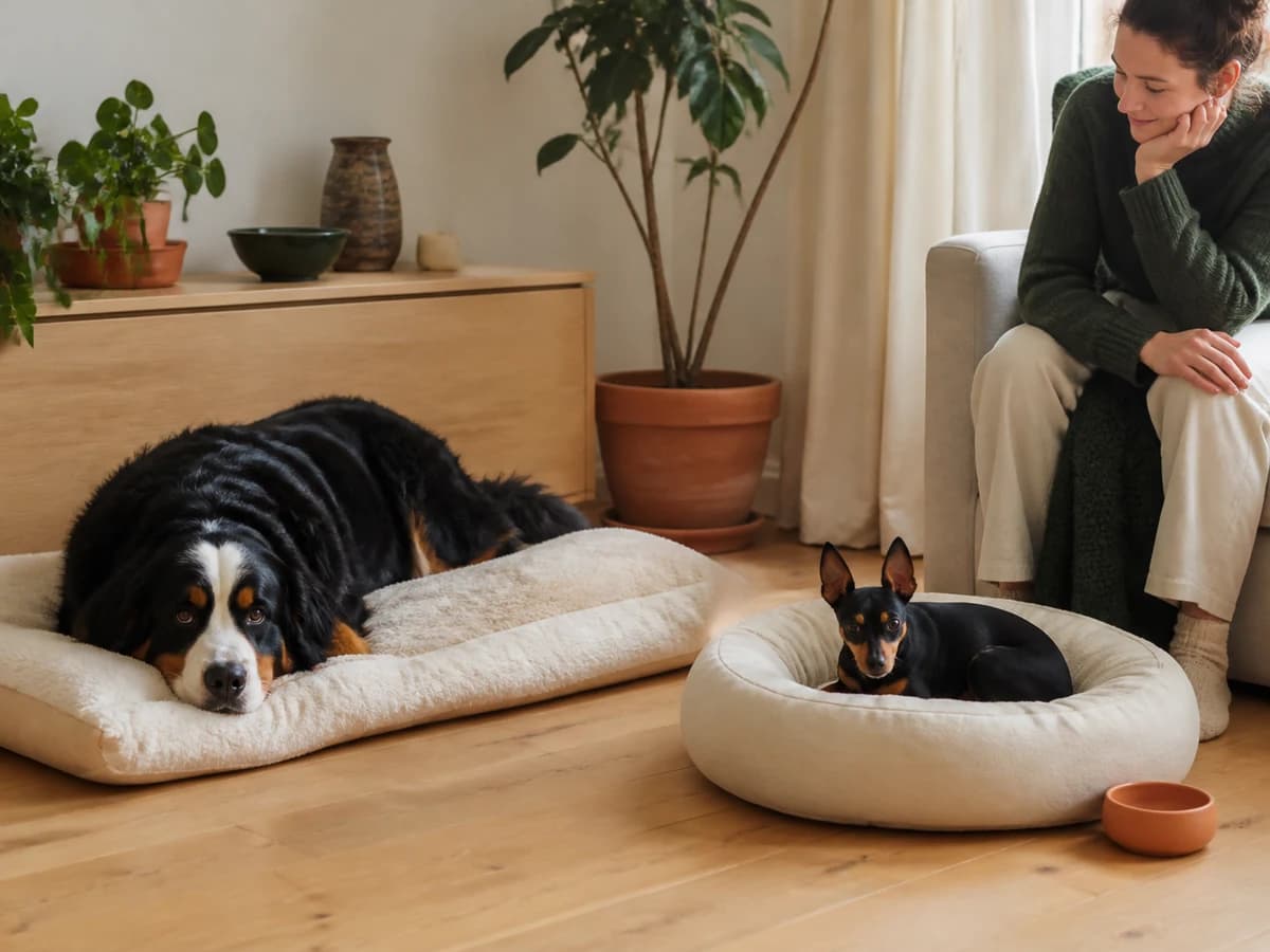 Un Bouvier bernois et un Pinscher nain se reposent dans deux couchages séparés. Photographie choisie pour l’article « Les premiers jours après l’adoption »