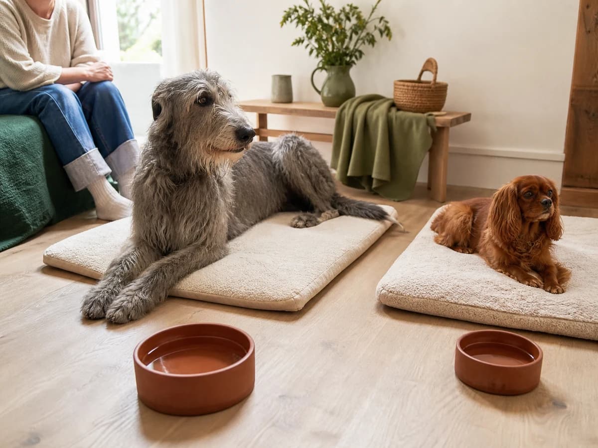 Un Lévrier irlandais et un Cavalier se reposent près de ressources séparées. Photographie choisie pour l’article « Les conflits entre chiens du foyer »