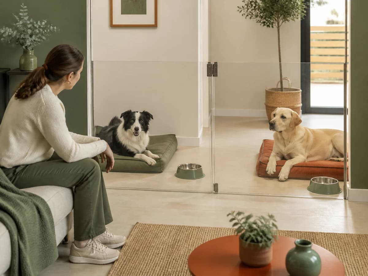 Une personne observe deux chiens de part et d’autre d’une barrière de séparation. Photographie choisie pour l’article « Mon chien aboie trop : par où commencer »