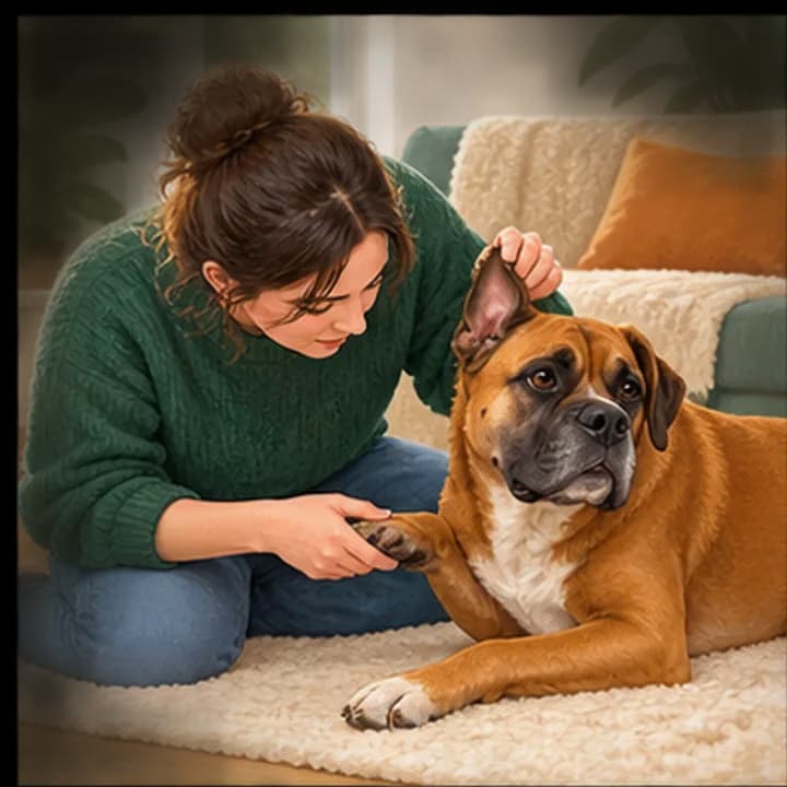 Une personne inspecte doucement les pattes et les oreilles de son chien. Illustration pour l’article « Les soins de la queue »