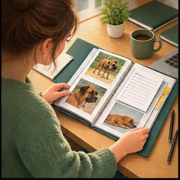 Une personne prépare les observations et documents de son chien avant une consultation. Illustration pour l’article « La consultation à domicile »