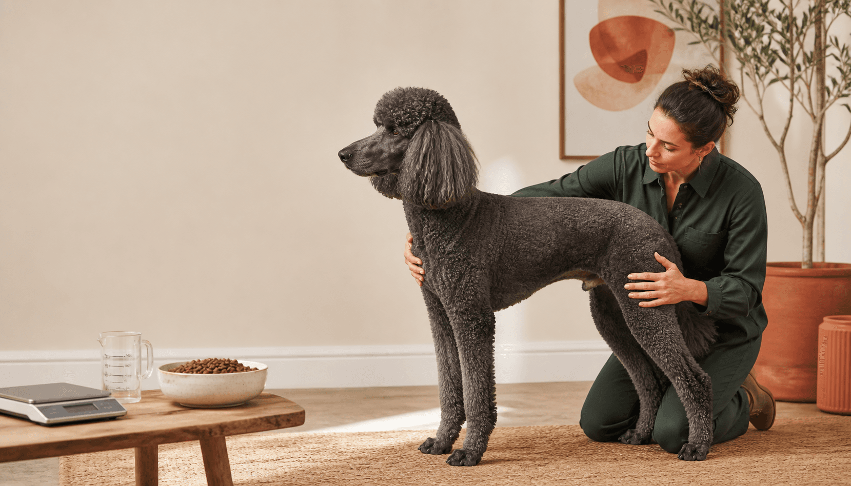 Une chercheuse évalue doucement la condition corporelle d’un caniche adulte près d’une balance et d’une gamelle