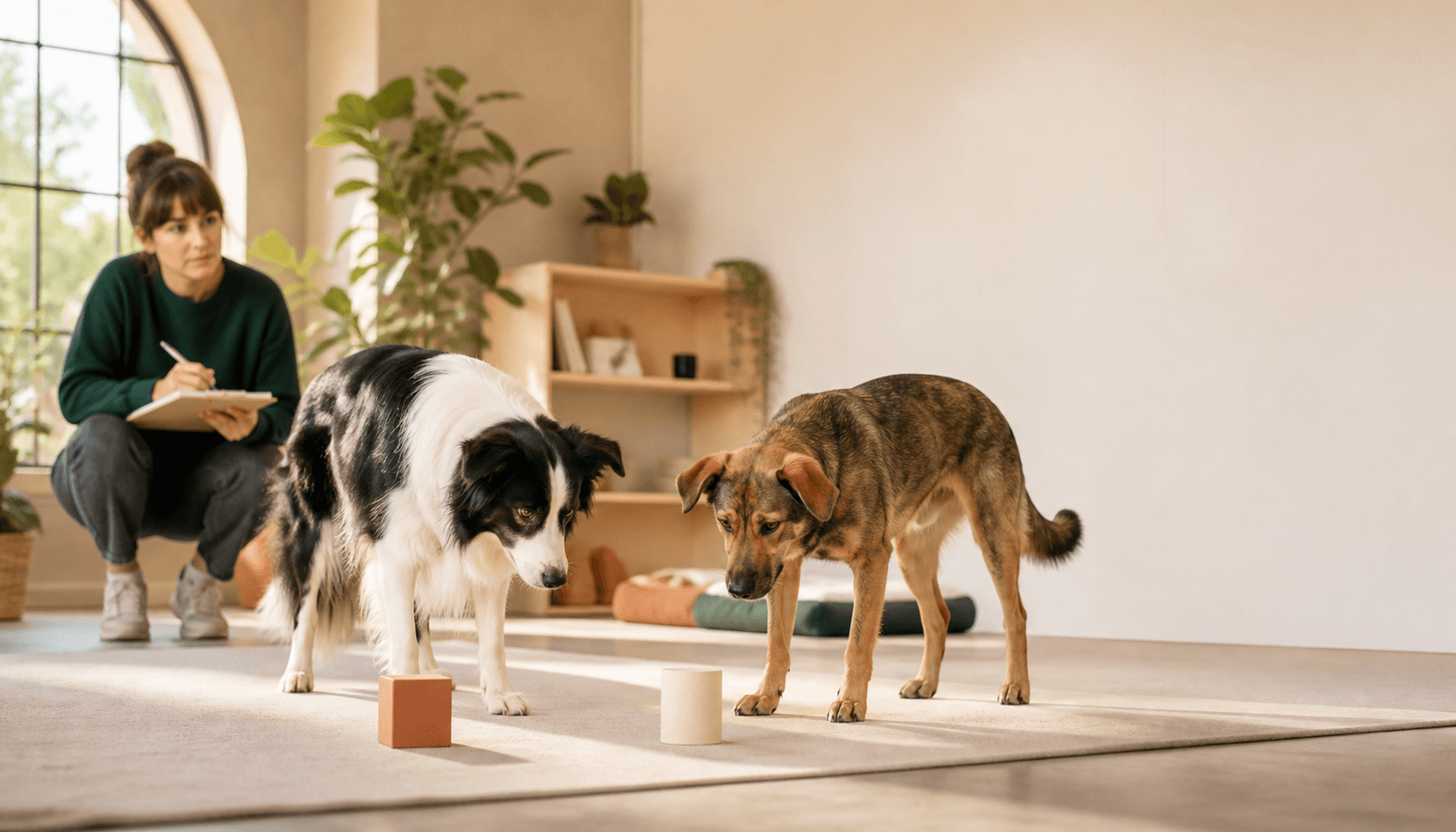 Deux chiens de races différentes participent à un exercice d’observation sous le regard d’une chercheuse