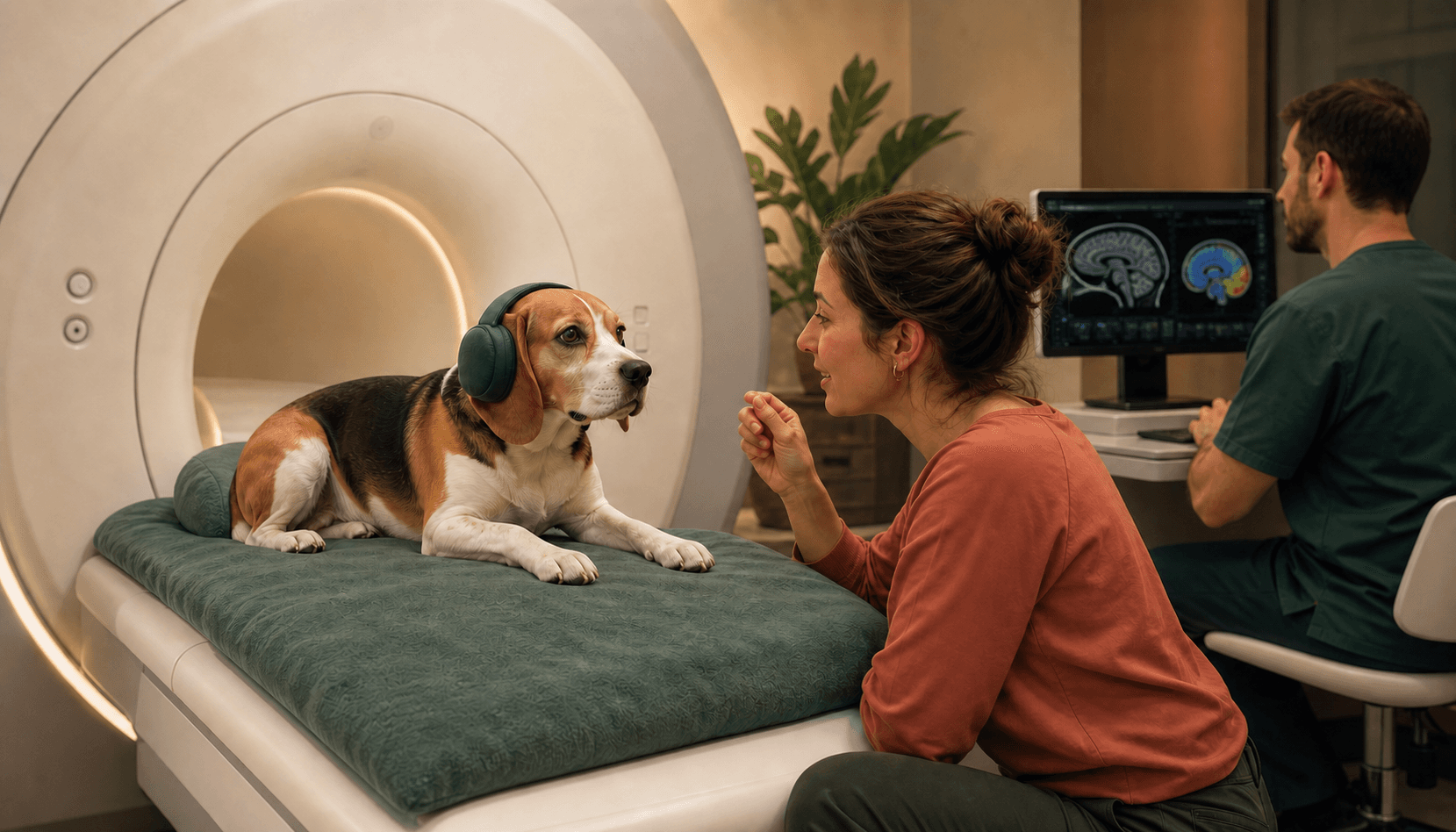 Un beagle éveillé et détendu écoute une personne familière à l’entrée d’un scanner IRM