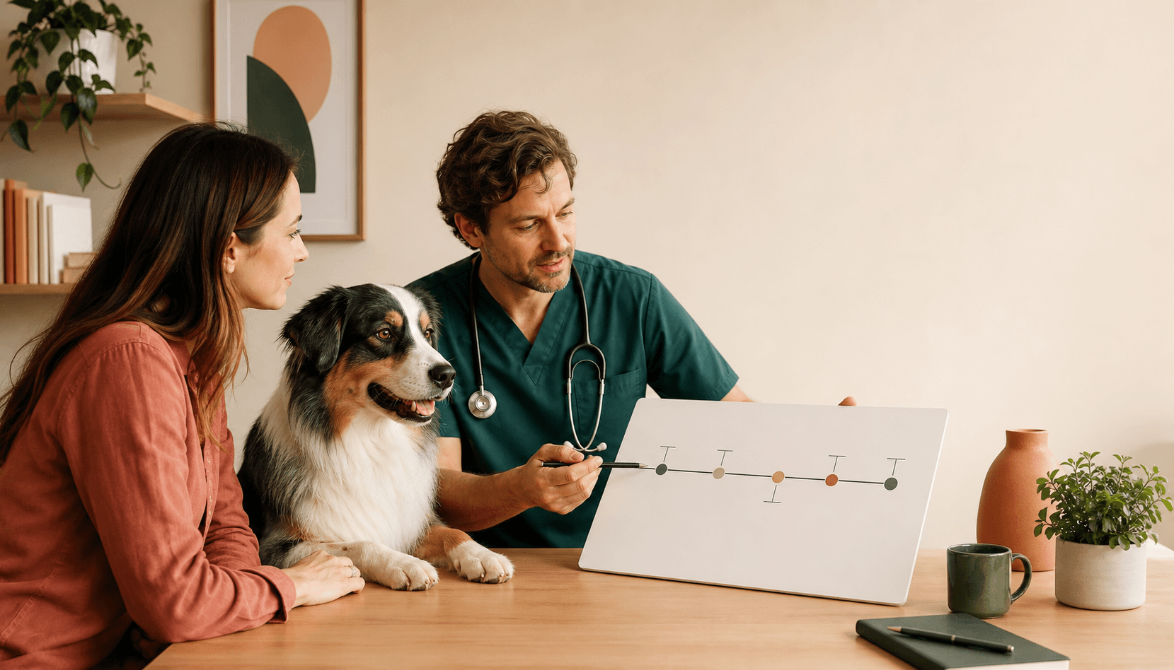 Une vétérinaire explique une chronologie à la propriétaire d’un berger australien lors d’une consultation