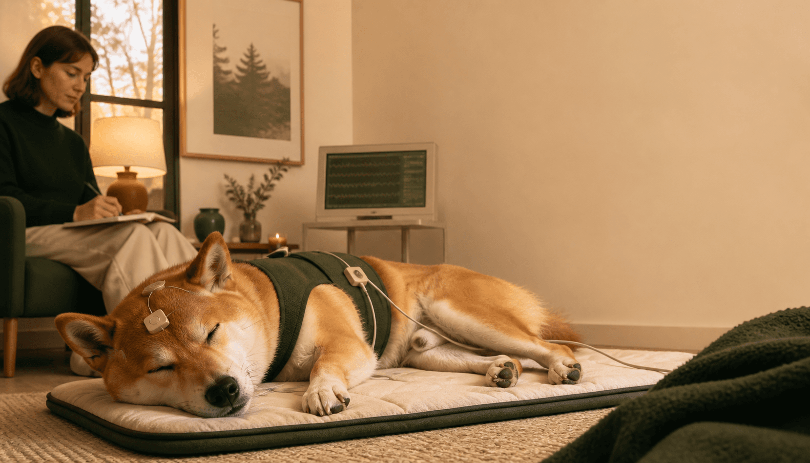 Un shiba inu dort sur un tapis avec des capteurs non invasifs pendant qu’une chercheuse prend des notes