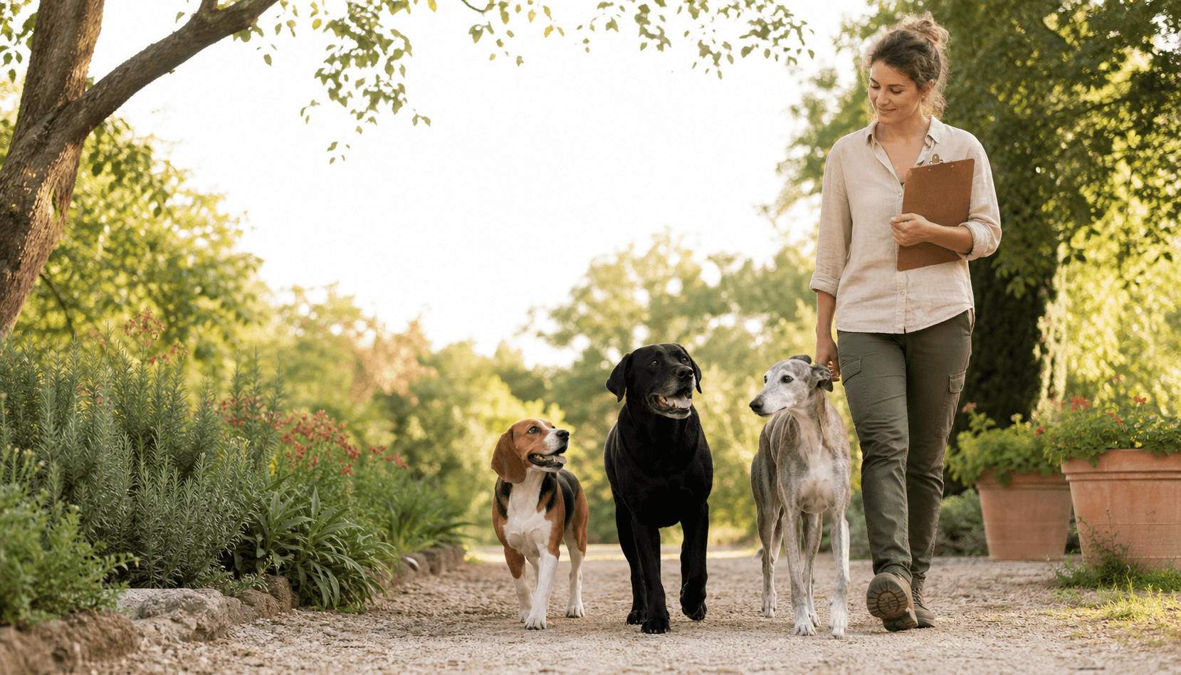 Un beagle, un labrador noir et un lévrier âgé marchent dans un jardin aux côtés d’une chercheuse