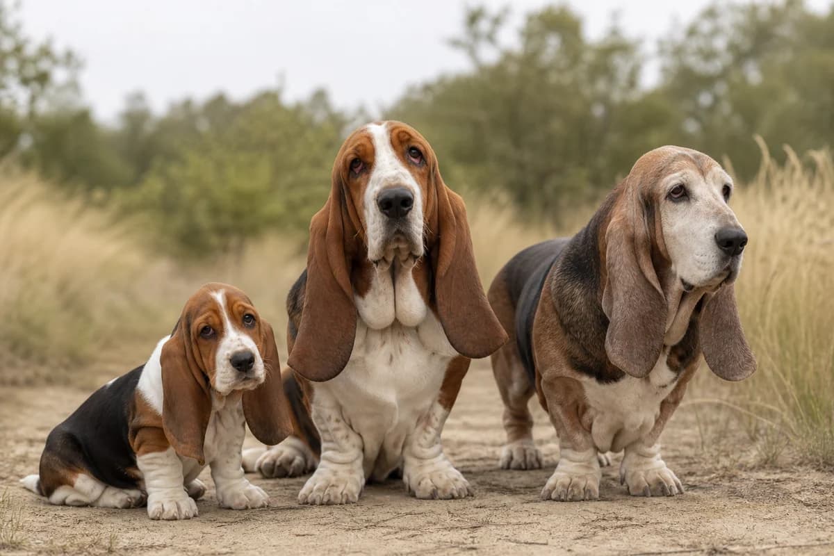 Portrait de trois basset hound : un chiot, un adulte et un chien âgé