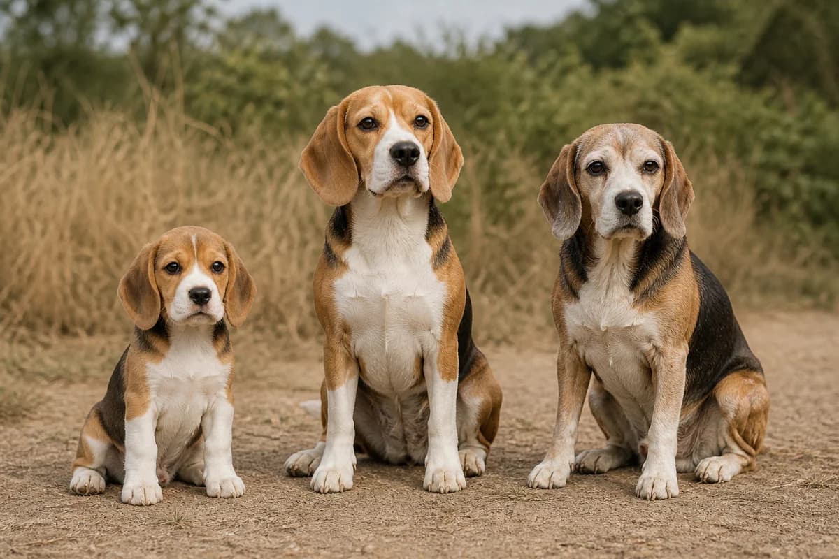 Portrait de trois beagle : un chiot, un adulte et un chien âgé