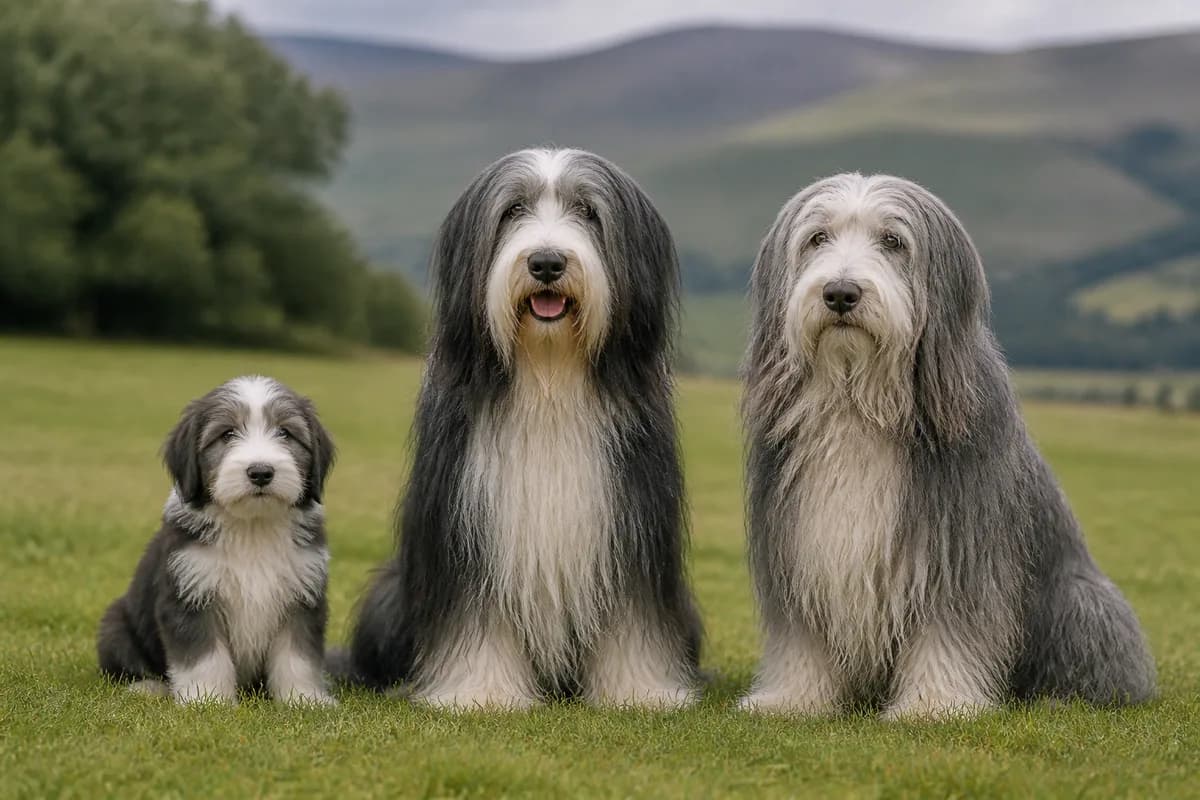 Portrait de trois bearded collie : un chiot, un adulte et un chien âgé