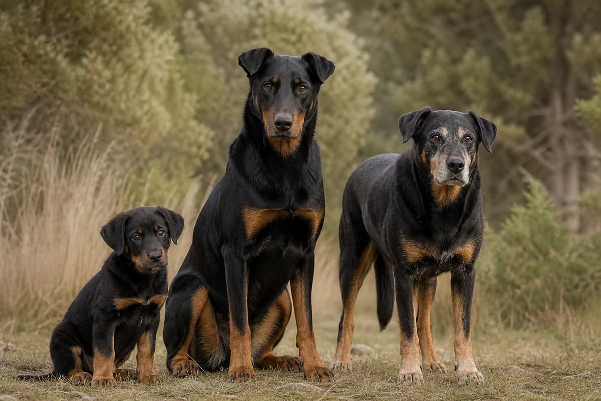 Portrait de trois beauceron : un chiot, un adulte et un chien âgé