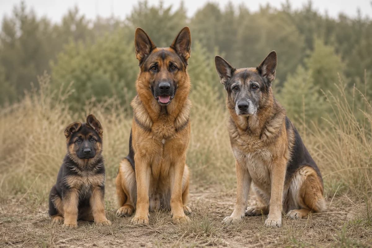 Portrait de trois berger allemand : un chiot, un adulte et un chien âgé