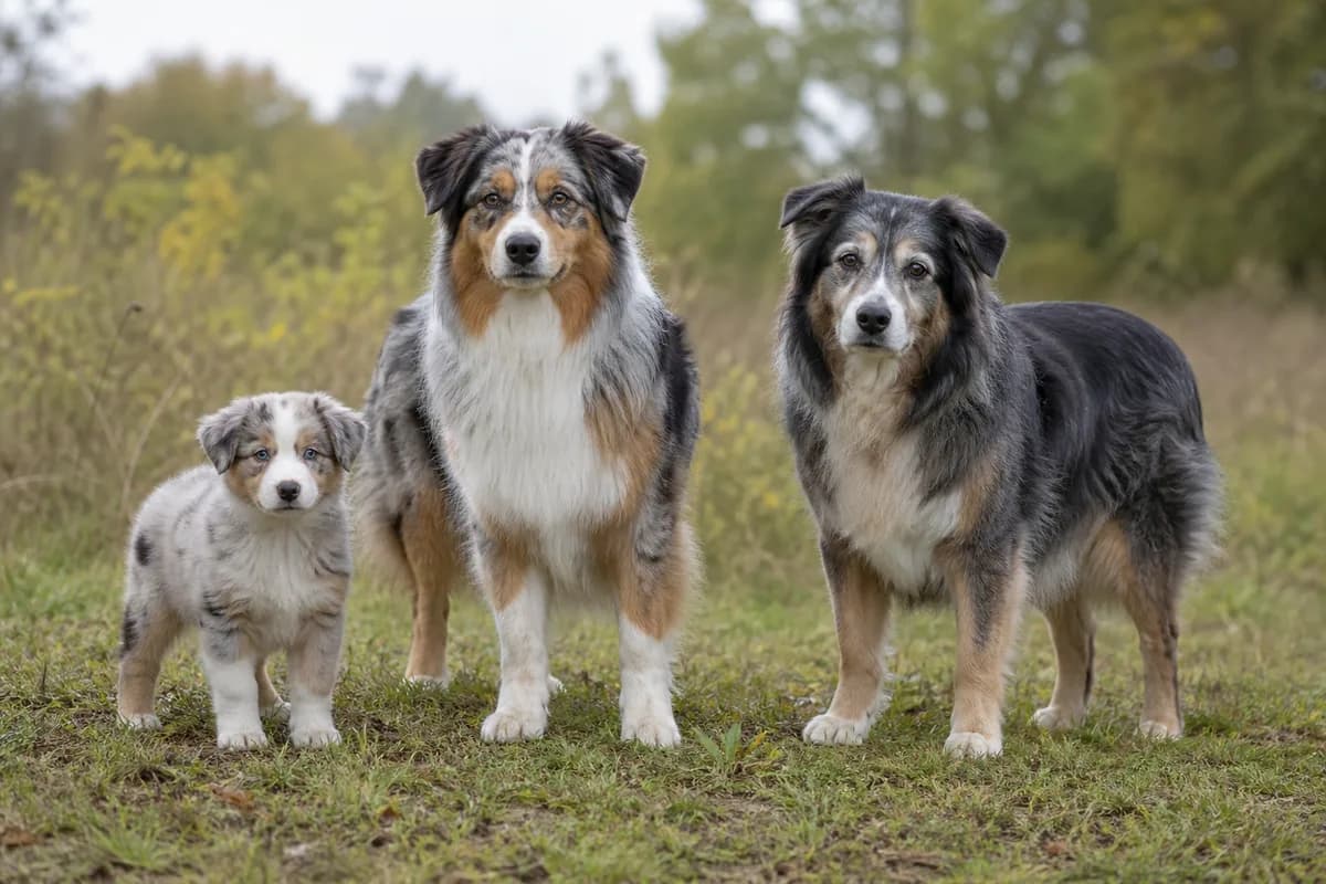 Portrait de trois berger américain miniature : un chiot, un adulte et un chien âgé