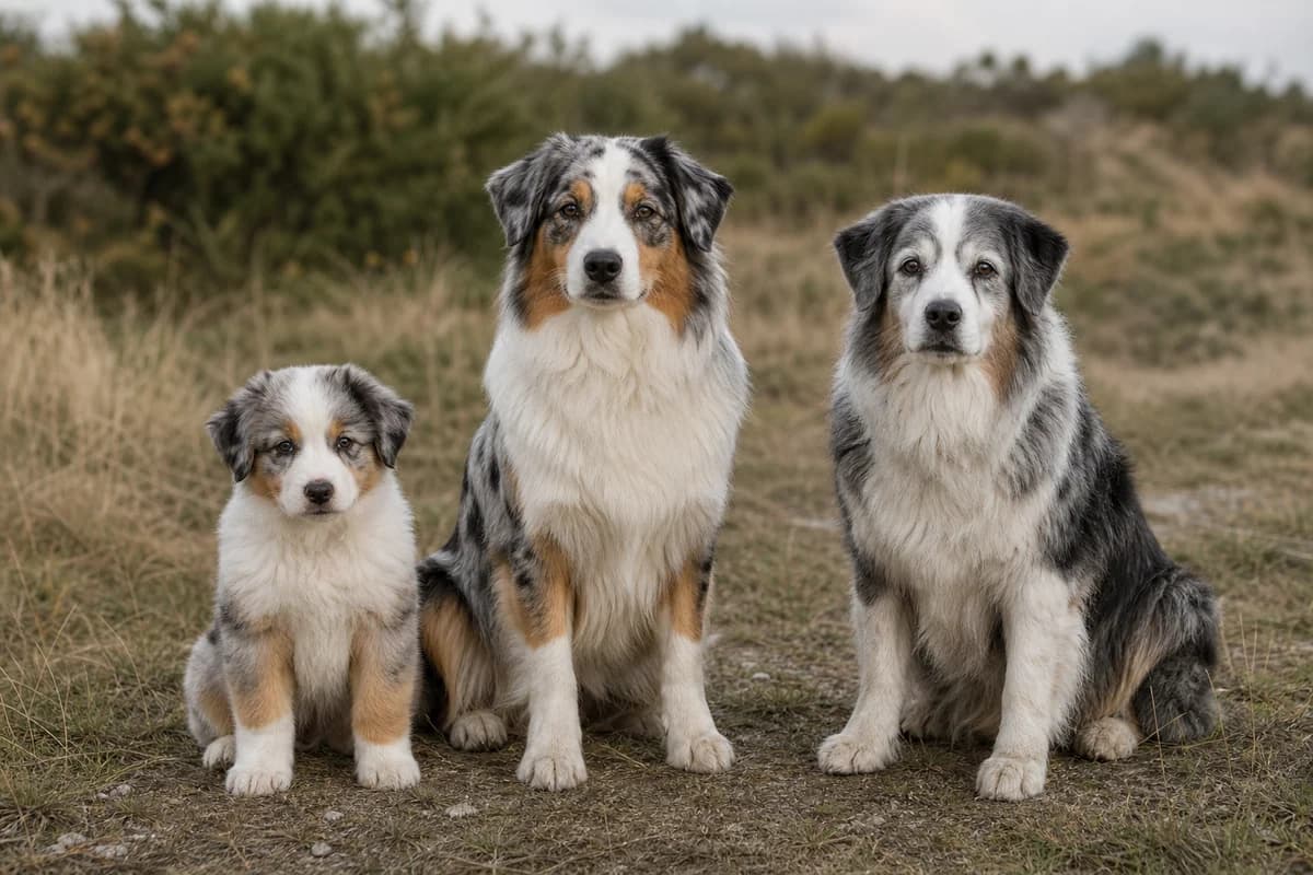 Portrait de trois berger australien : un chiot, un adulte et un chien âgé