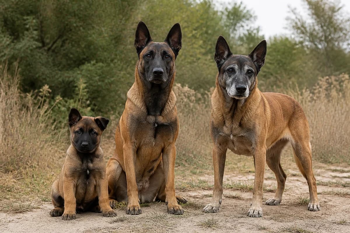 Portrait de trois berger belge malinois : un chiot, un adulte et un chien âgé
