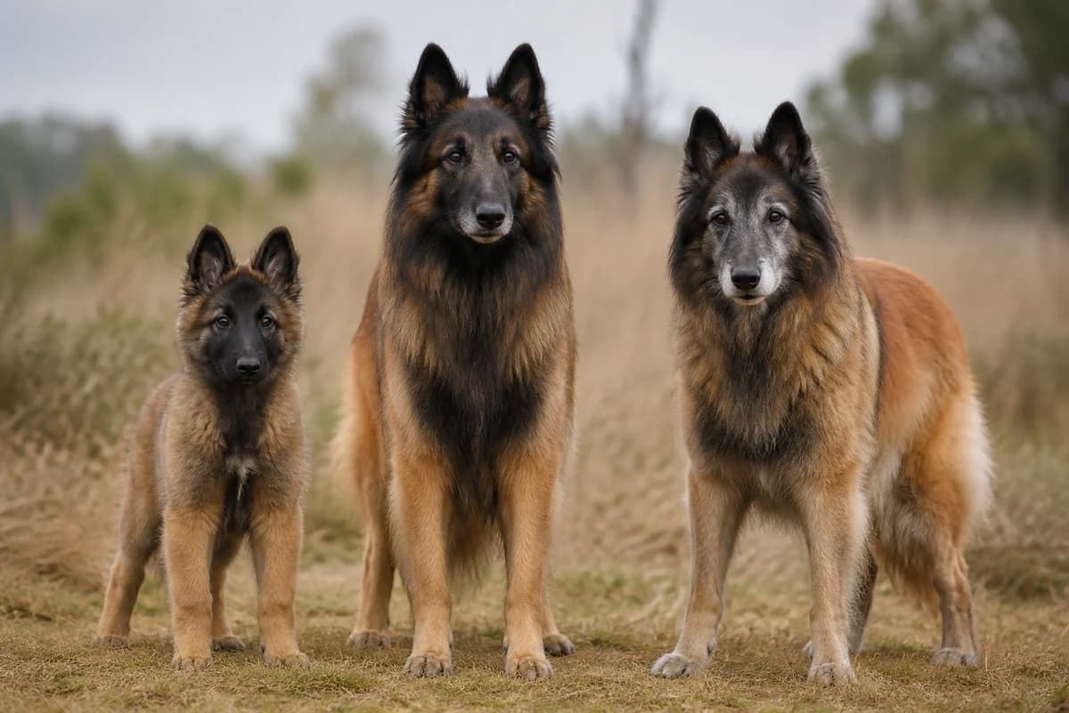 Portrait de trois berger belge tervueren : un chiot, un adulte et un chien âgé