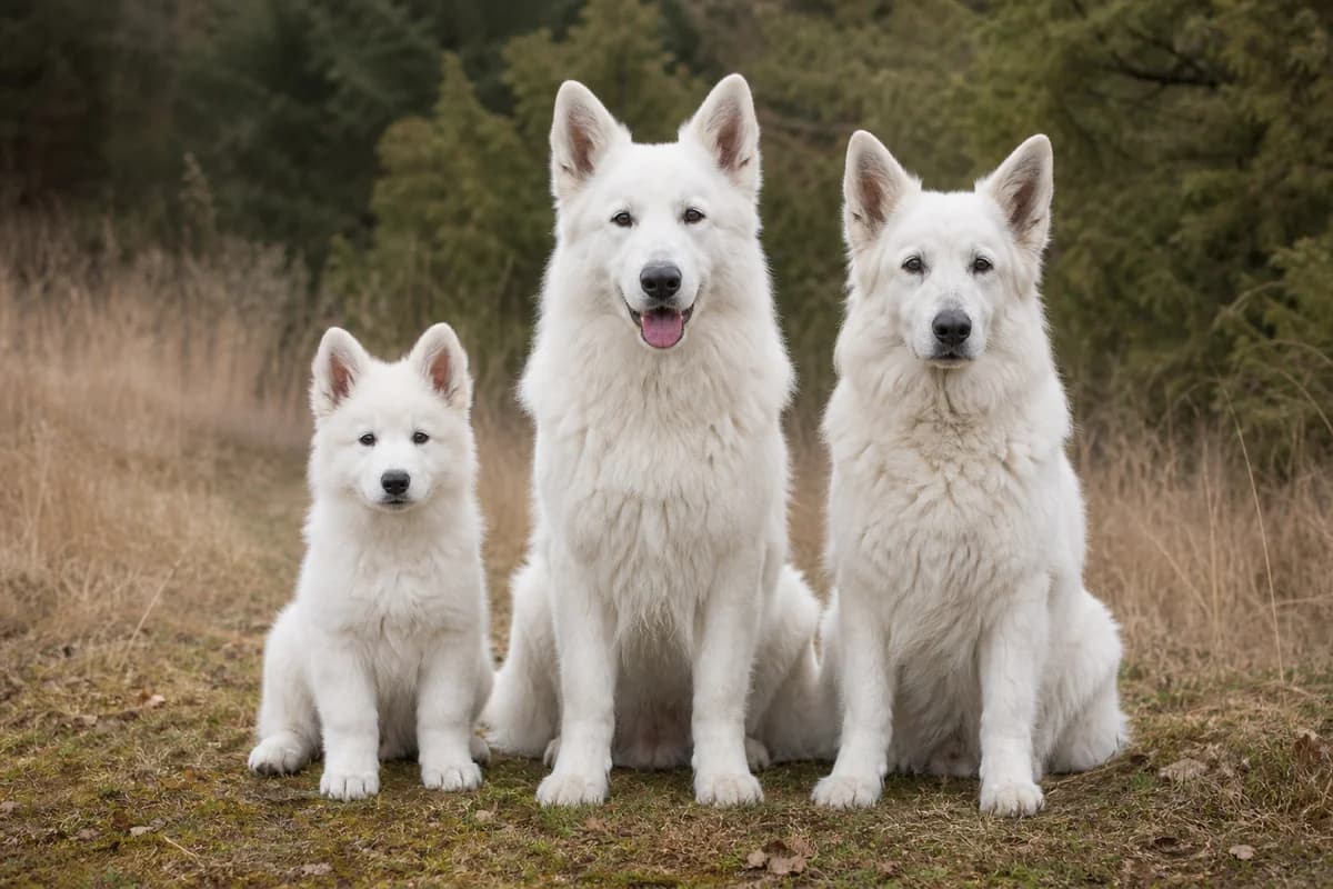 Portrait de trois berger blanc suisse : un chiot, un adulte et un chien âgé