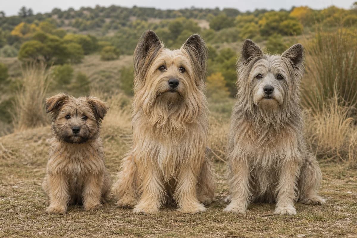 Portrait de trois berger des pyrénées : un chiot, un adulte et un chien âgé