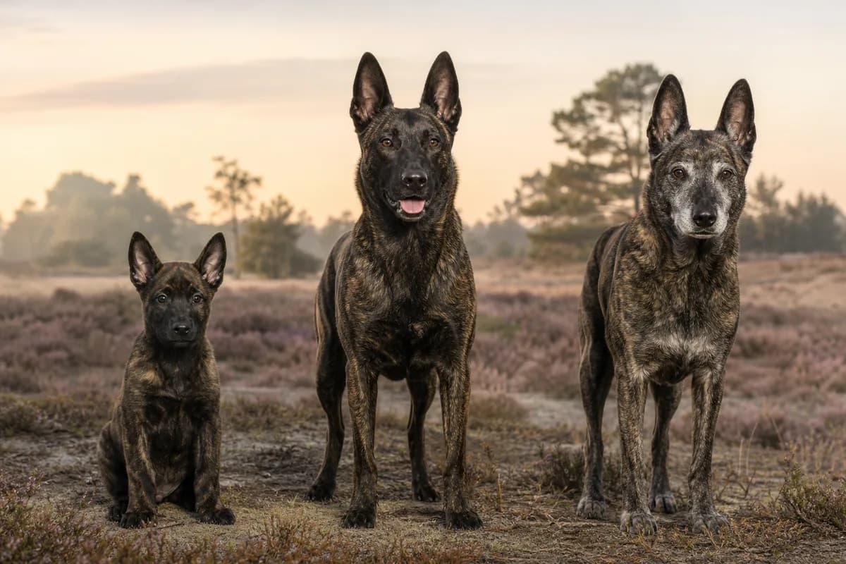 Portrait de trois berger hollandais : un chiot, un adulte et un chien âgé
