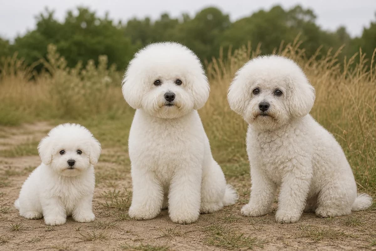 Portrait de trois bichon frisé : un chiot, un adulte et un chien âgé