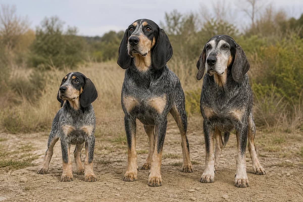 Portrait de trois bleu de gascogne : un chiot, un adulte et un chien âgé