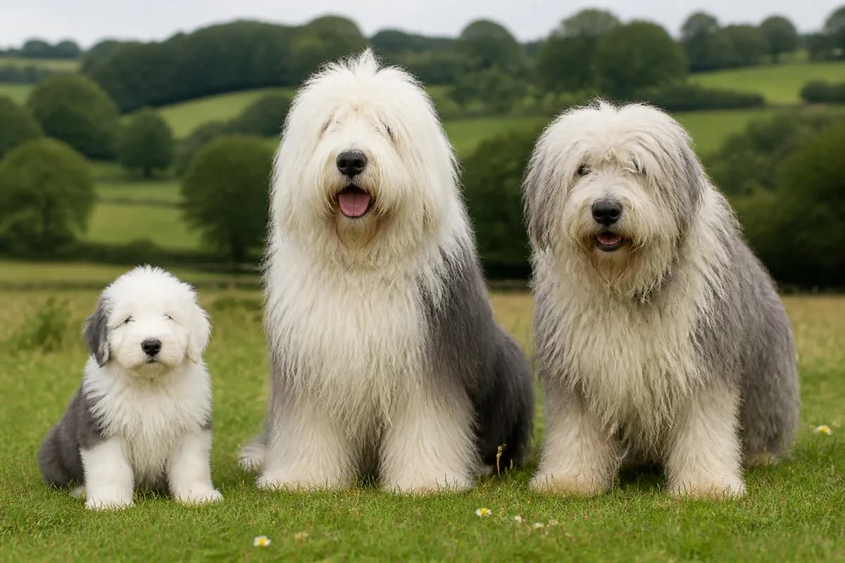 Portrait de trois bobtail : un chiot, un adulte et un chien âgé