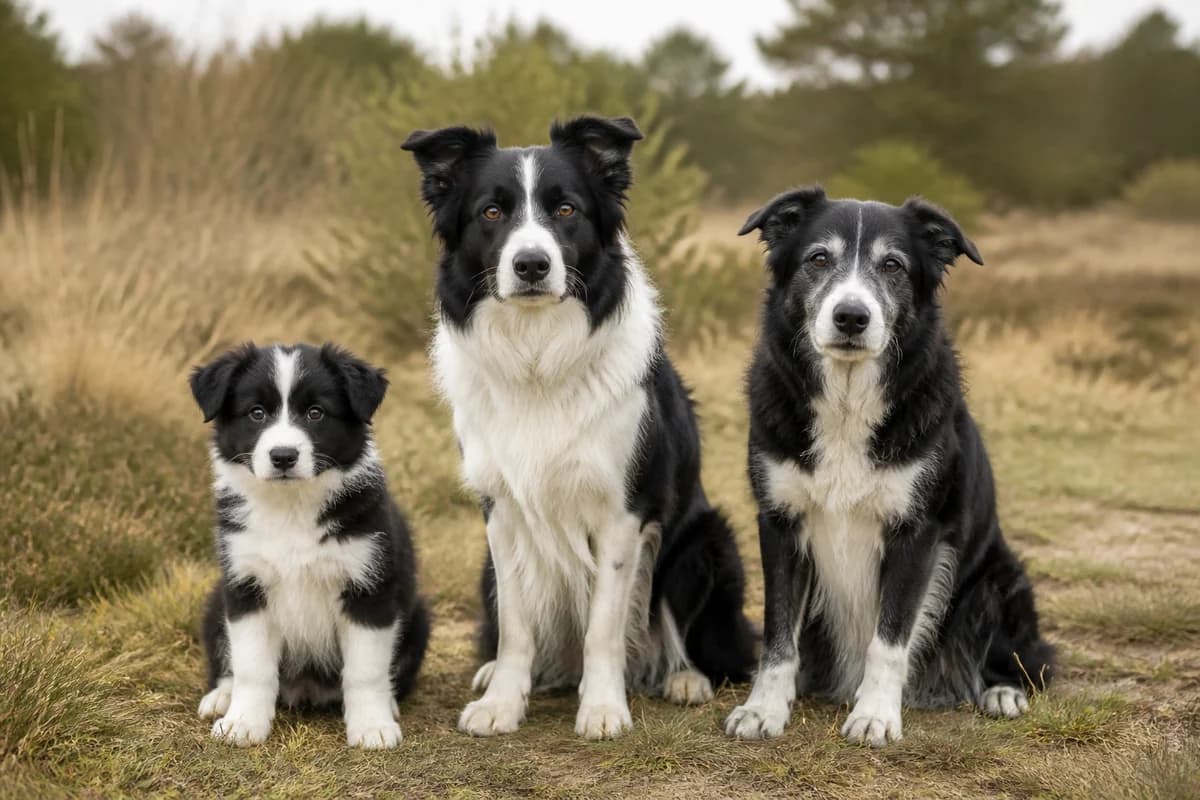Portrait de trois border collie : un chiot, un adulte et un chien âgé