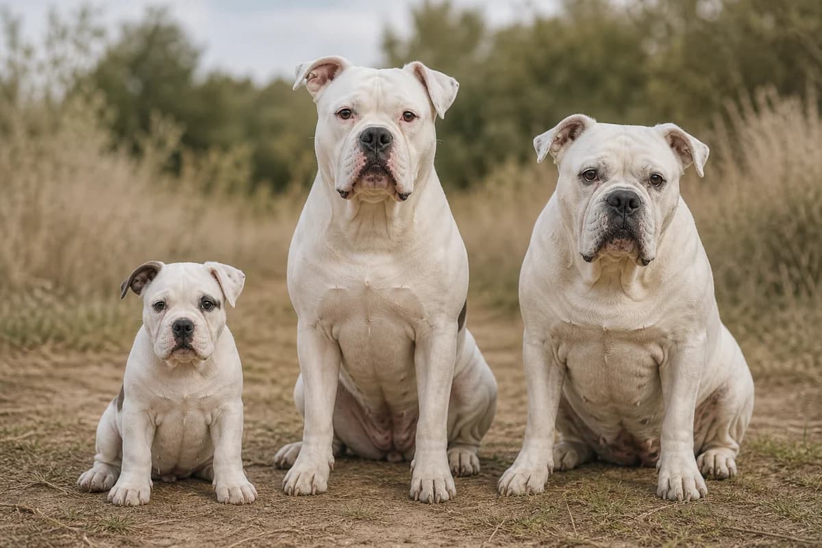 Portrait de trois bouledogue américain : un chiot, un adulte et un chien âgé