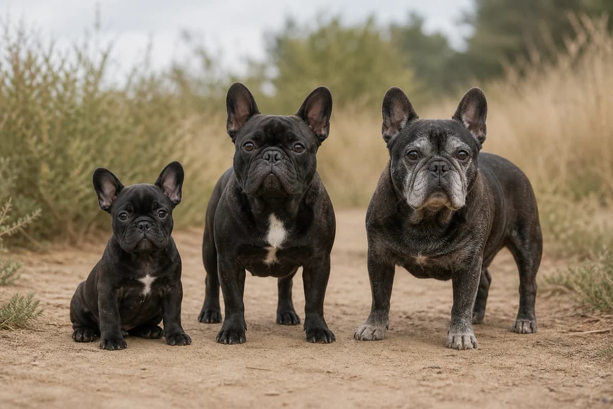 Portrait de trois bouledogue français : un chiot, un adulte et un chien âgé