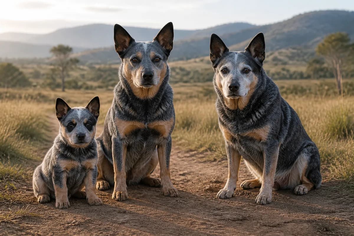 Portrait de trois bouvier australien : un chiot, un adulte et un chien âgé