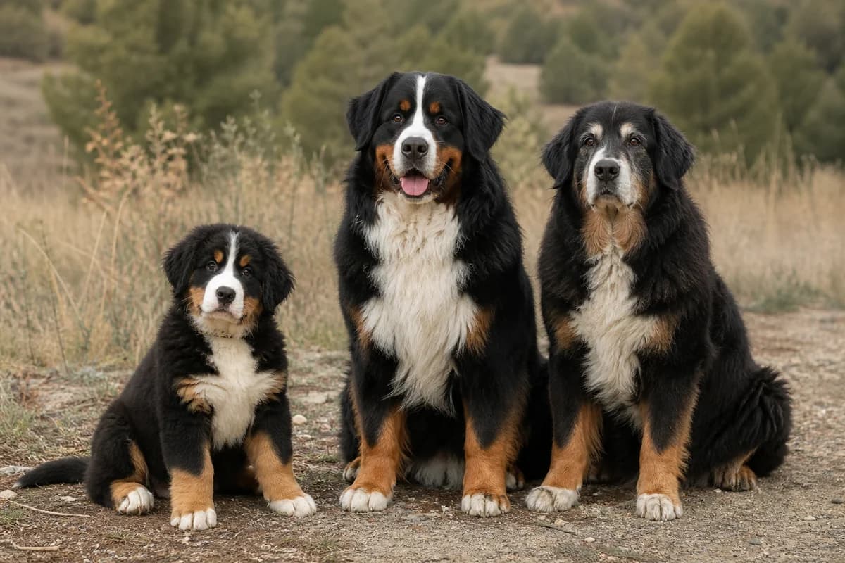 Portrait de trois bouvier bernois : un chiot, un adulte et un chien âgé