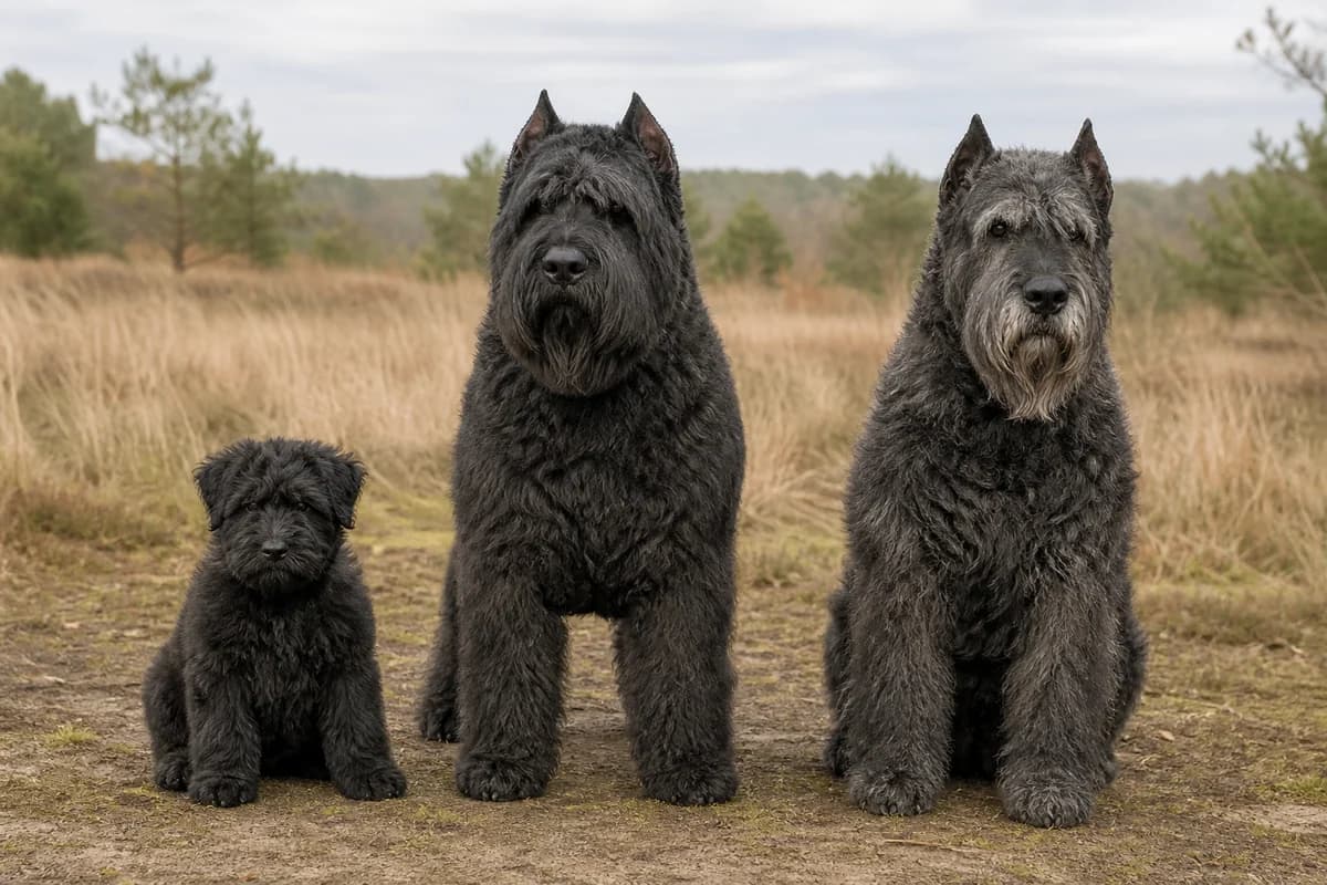 Portrait de trois bouvier des flandres : un chiot, un adulte et un chien âgé
