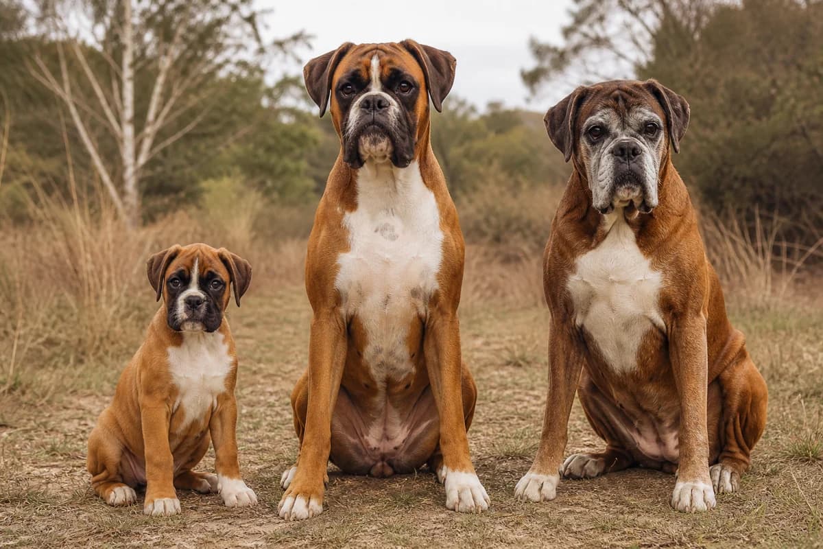 Portrait de trois boxer : un chiot, un adulte et un chien âgé