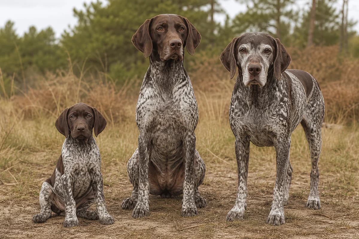 Portrait de trois braque allemand : un chiot, un adulte et un chien âgé