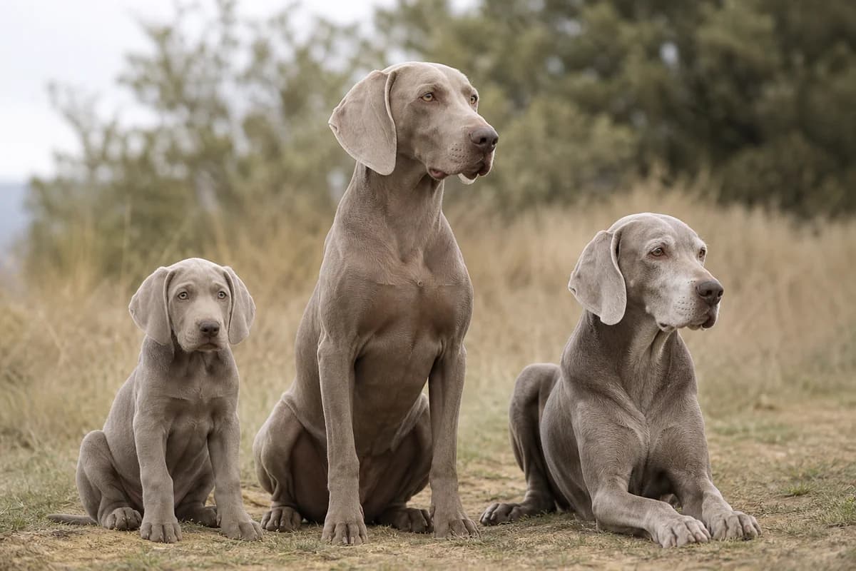 Portrait de trois braque de weimar : un chiot, un adulte et un chien âgé