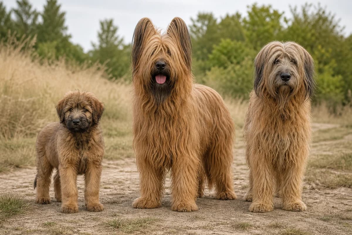 Portrait de trois briard : un chiot, un adulte et un chien âgé