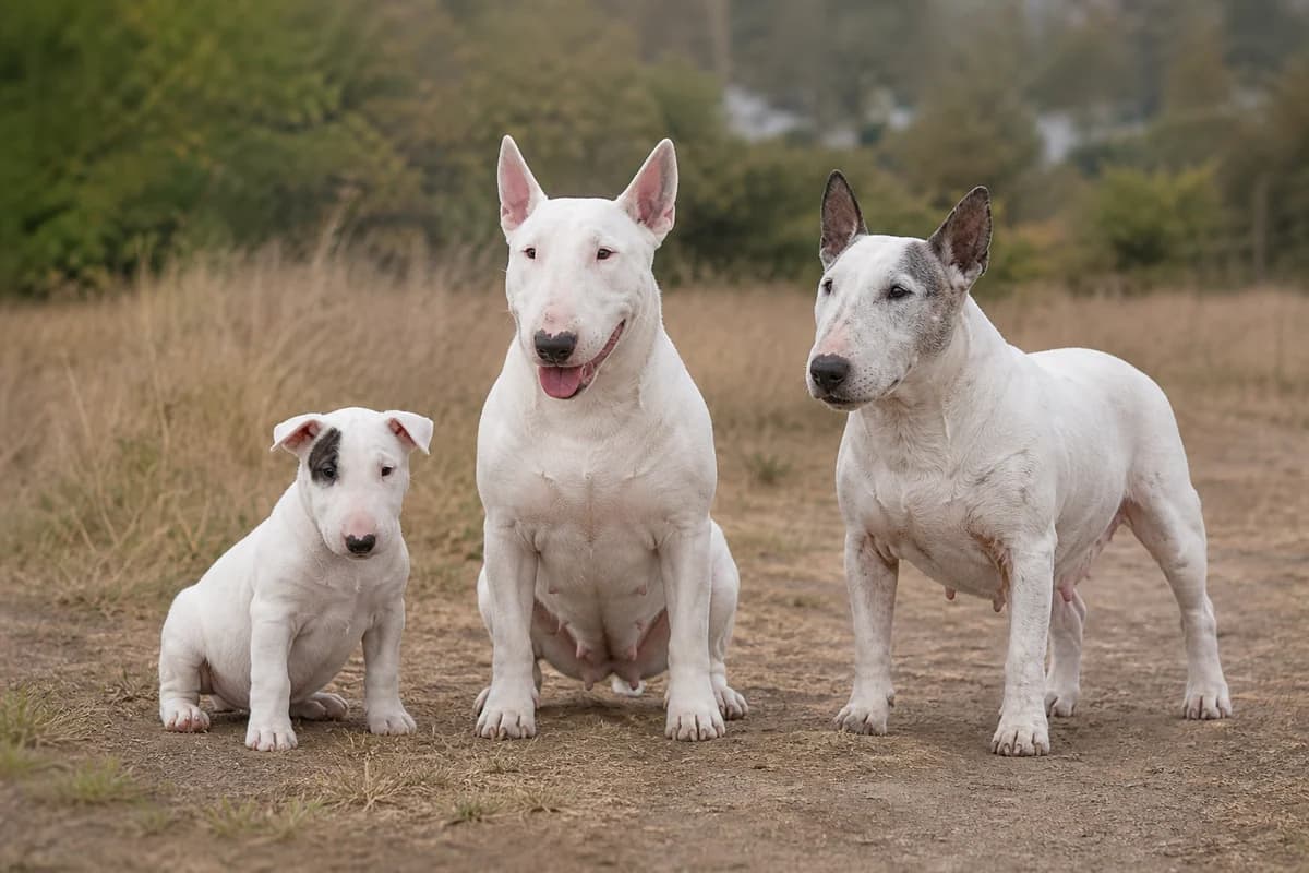 Portrait de trois bull terrier : un chiot, un adulte et un chien âgé